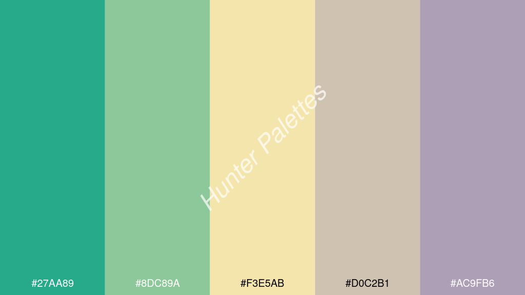 vanília szín palettája a következőkkel: #27aa89 #8dc89a #f3e5ab #d0c2b1 #ac9fb6