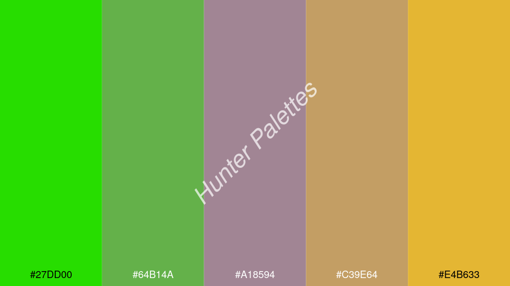 pasztell lila szín palettája a következőkkel: #27dd00 #64b14a #a18594 #c39e64 #e4b633