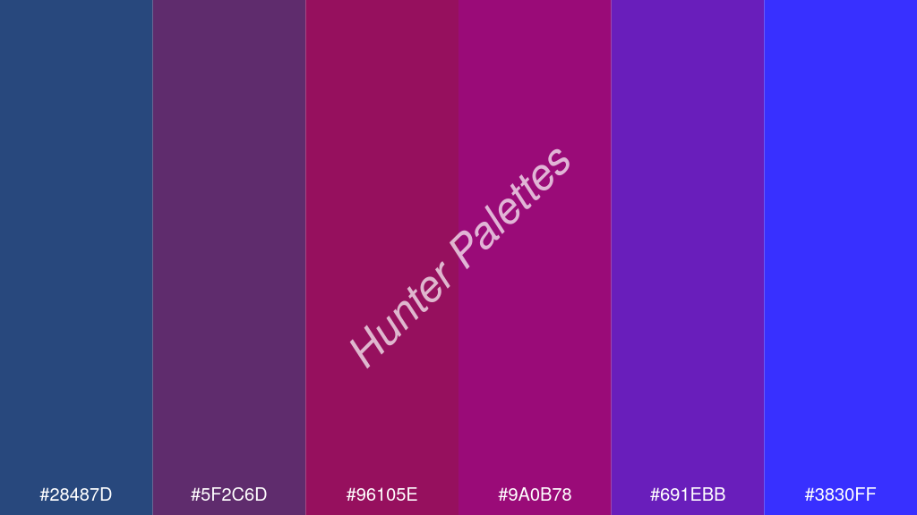 élénk rózsaszín szín palettája a következőkkel: #28487d #5f2c6d #96105e #9a0b78 #691ebb #3830ff