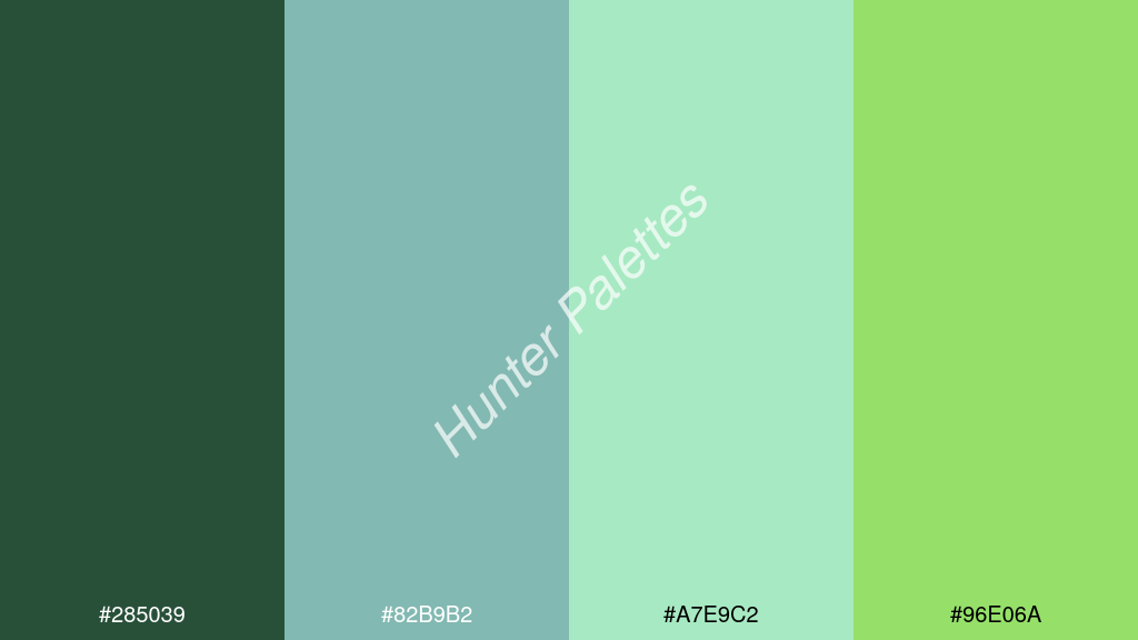 halvány türkiz szín palettája a következőkkel: #285039 #82b9b2 #a7e9c2 #96e06a
