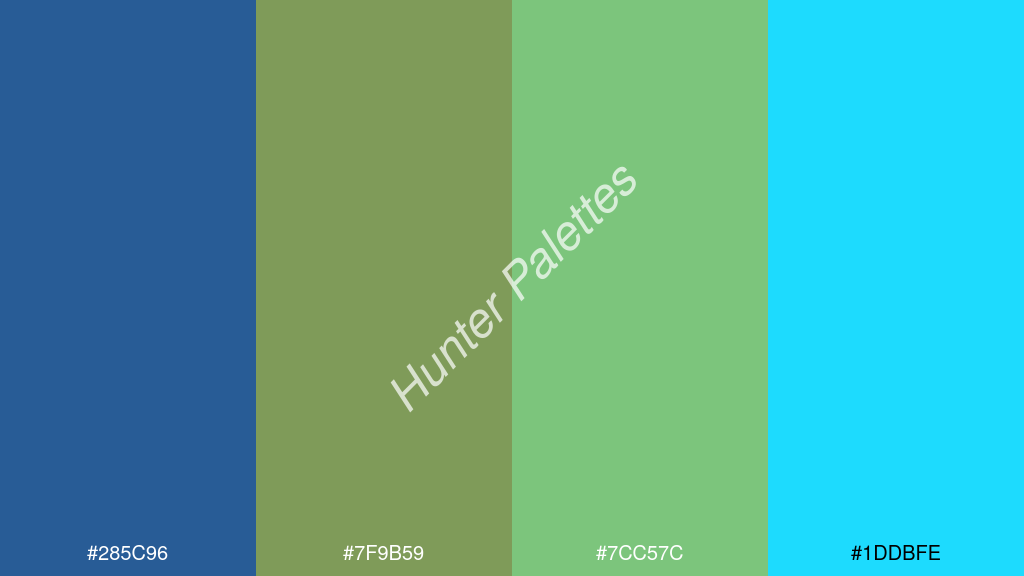 kivi szín palettája a következőkkel: #285c96 #7f9b59 #7cc57c #1ddbfe