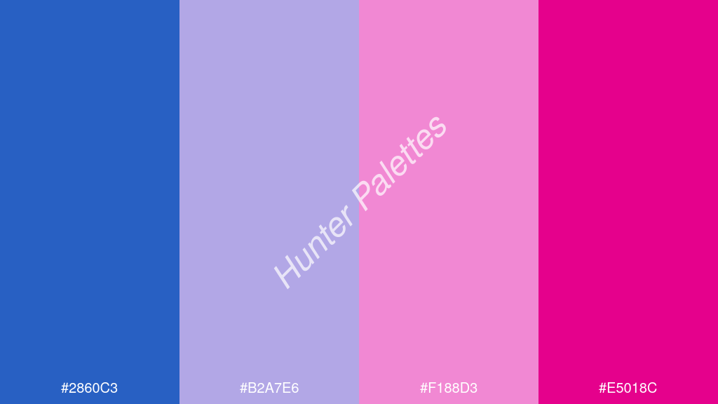 világos rózsaszín szín palettája a következőkkel: #2860c3 #b2a7e6 #f188d3 #e5018c