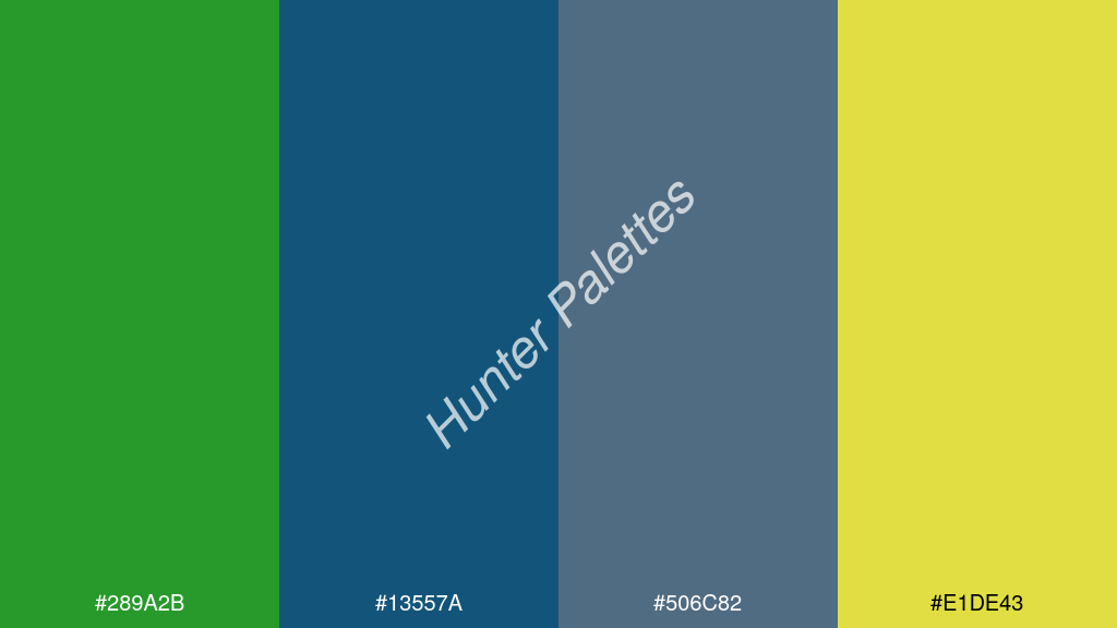 királykék szín palettája a következőkkel: #289a2b #13557a #506c82 #e1de43