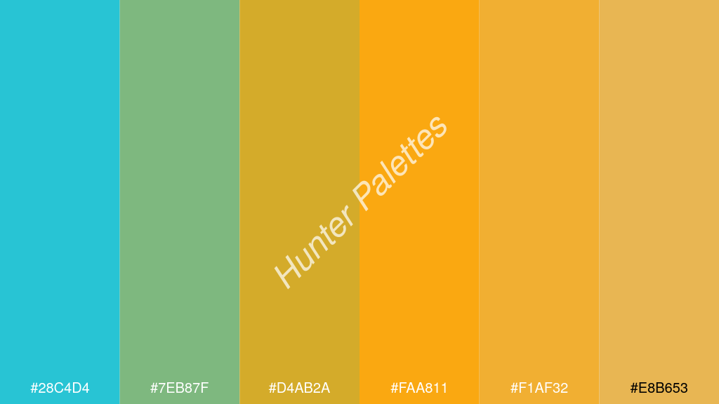 narancssárga szín palettája a következőkkel: #28c4d4 #7eb87f #d4ab2a #faa811 #f1af32 #e8b653