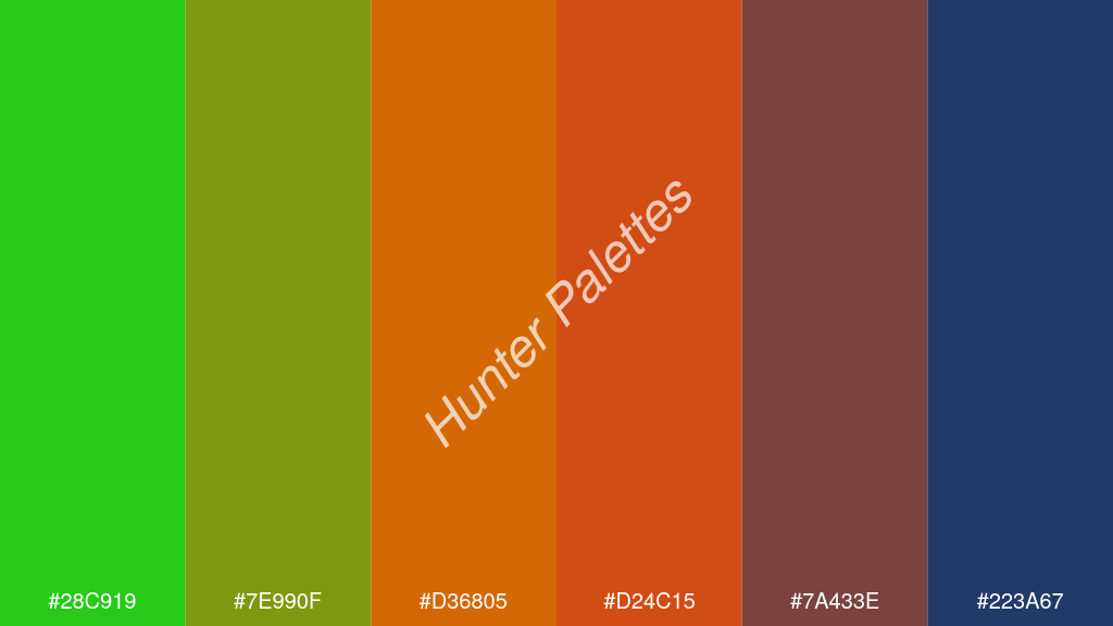 Pantone narancs szín palettája a következőkkel: #28c919 #7e990f #d36805 #d24c15 #7a433e #223a67