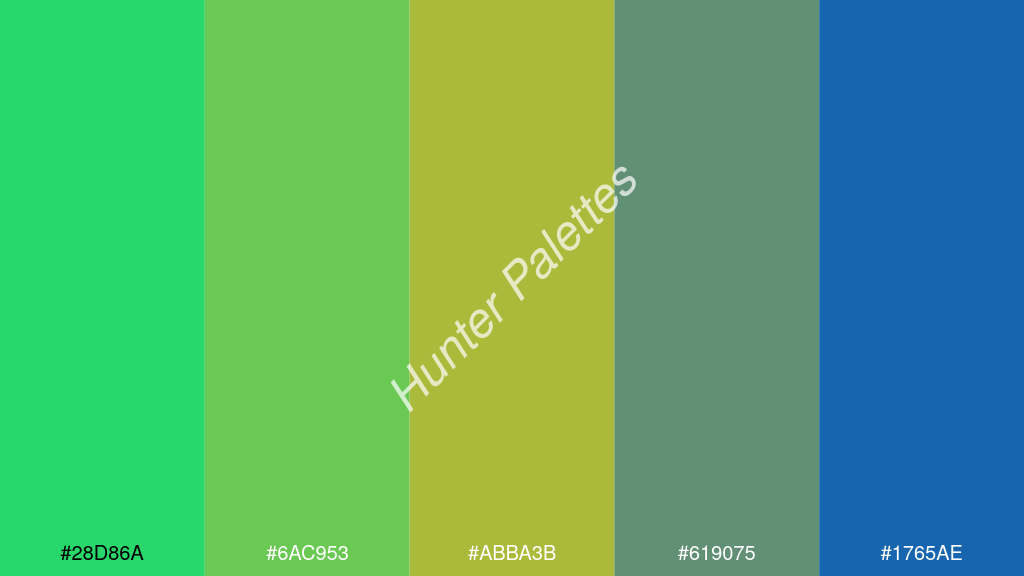 kivi szín palettája a következőkkel: #28d86a #6ac953 #abba3b #619075 #1765ae