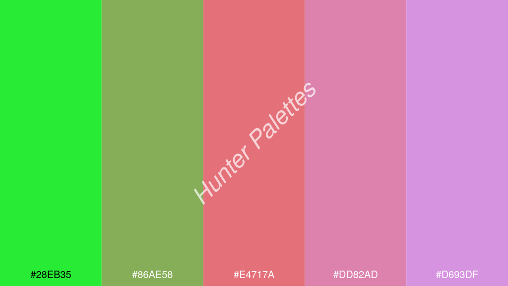 korall szín palettája a következőkkel: #28eb35 #86ae58 #e4717a #dd82ad #d693df