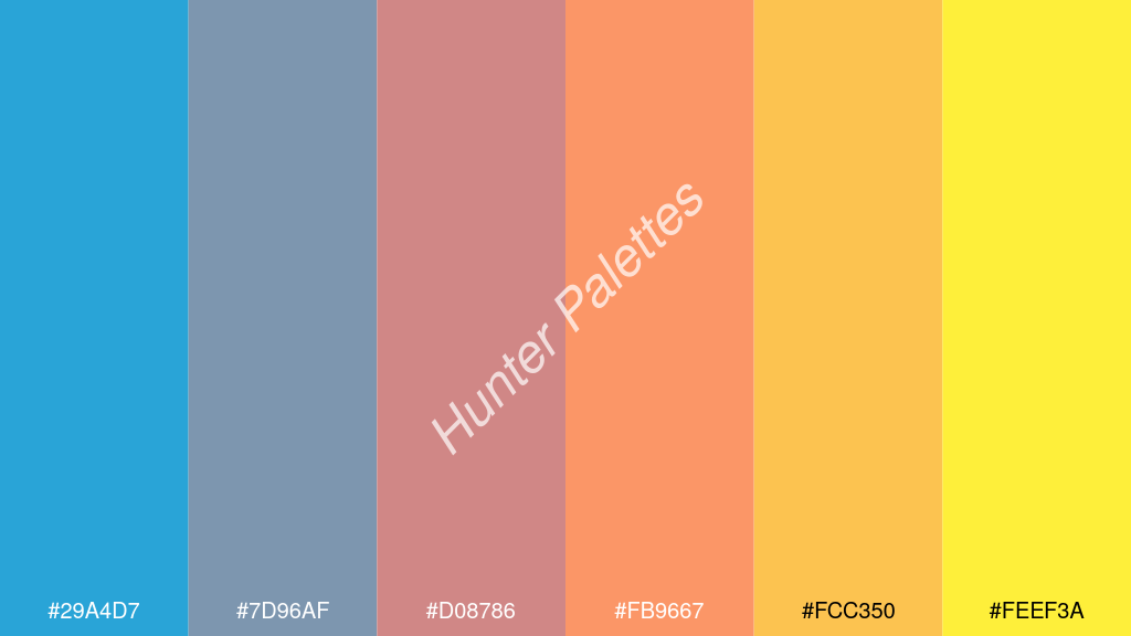 lazac szín palettája a következőkkel: #29a4d7 #7d96af #d08786 #fb9667 #fcc350 #feef3a