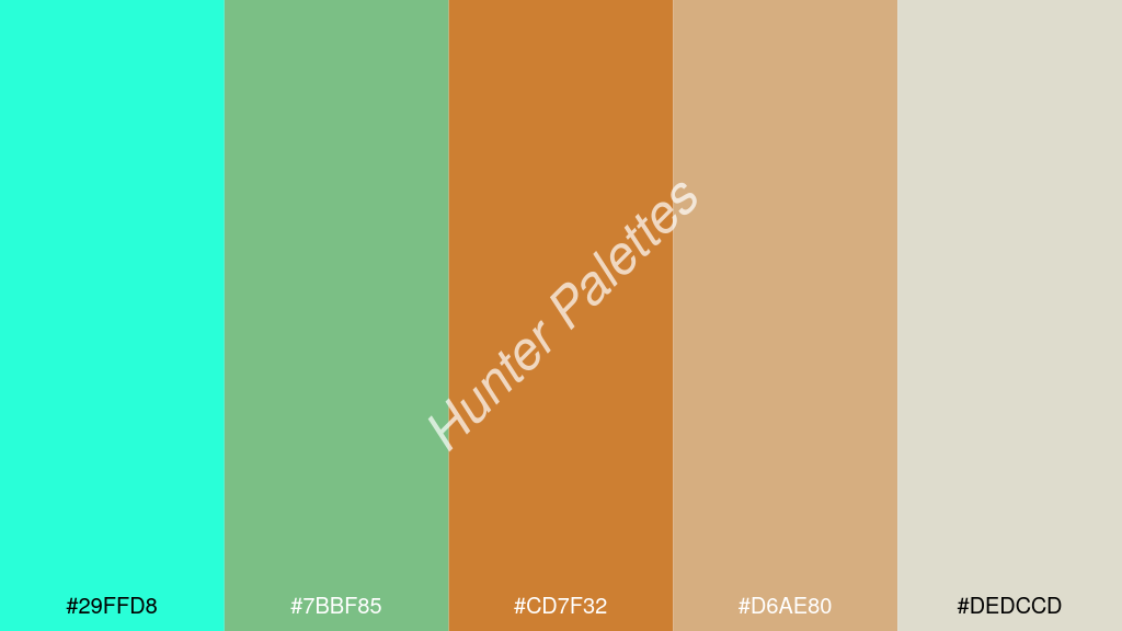 bronz szín palettája a következőkkel: #29ffd8 #7bbf85 #cd7f32 #d6ae80 #dedccd