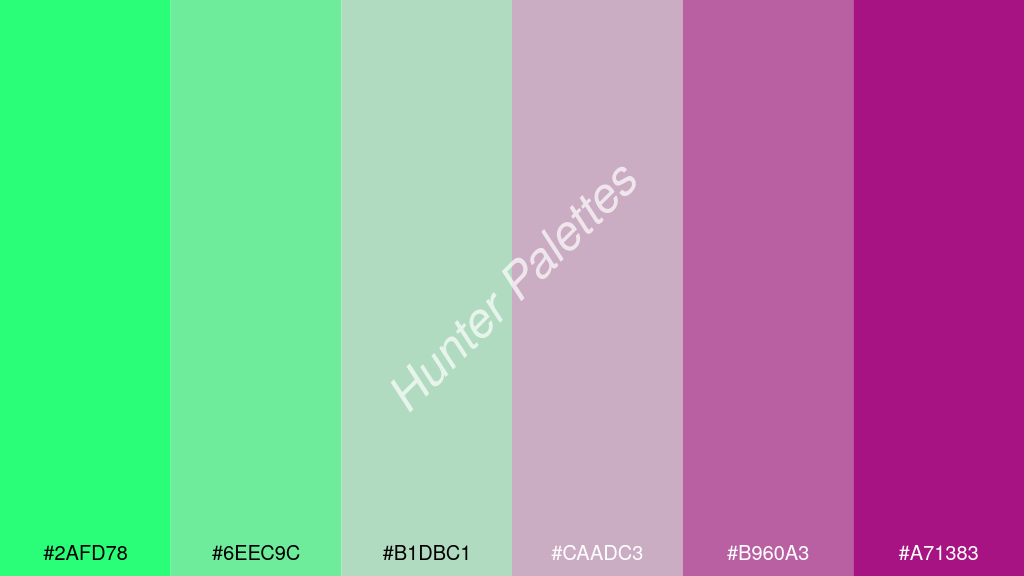 világos szürke szín palettája a következőkkel: #2afd78 #6eec9c #b1dbc1 #caadc3 #b960a3 #a71383