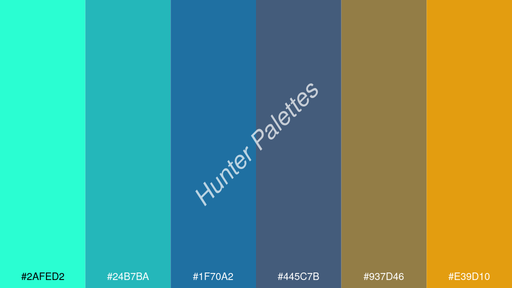 indigókék szín palettája a következőkkel: #2afed2 #24b7ba #1f70a2 #445c7b #937d46 #e39d10