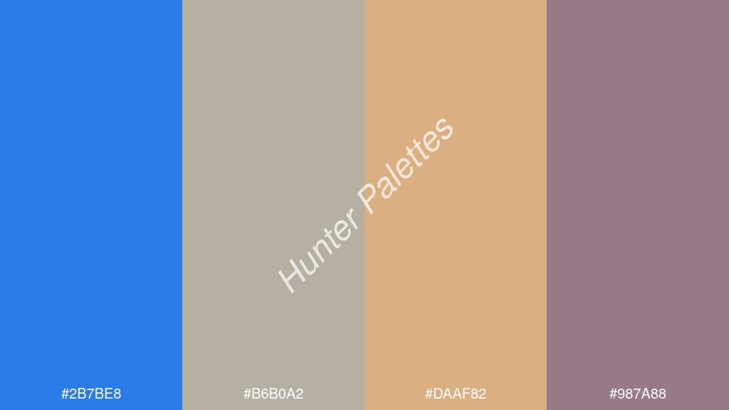 dinnye szín palettája a következőkkel: #2b7be8 #b6b0a2 #daaf82 #987a88