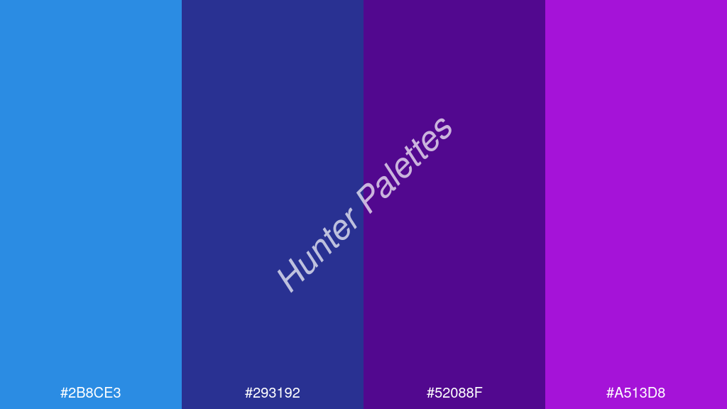 Francia kék szín palettája a következőkkel: #2b8ce3 #293192 #52088f #a513d8
