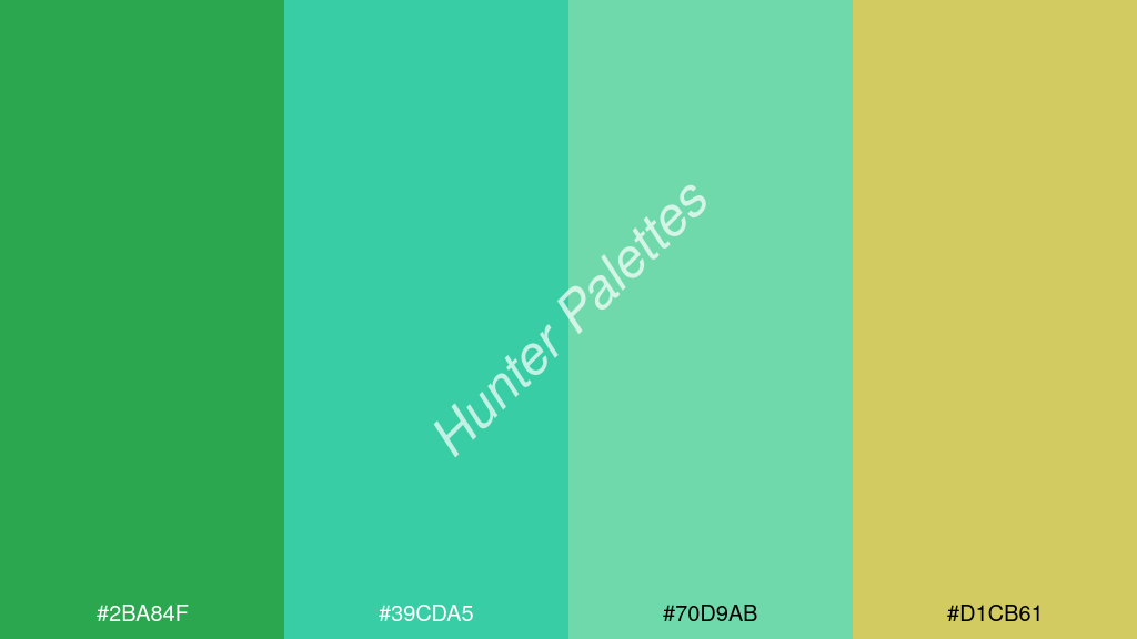 türkiz szín palettája a következőkkel: #2ba84f #39cda5 #70d9ab #d1cb61