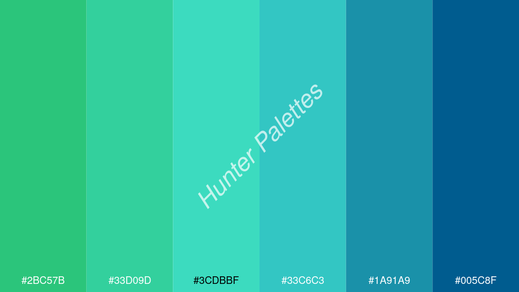 türkiz szín palettája a következőkkel: #2bc57b #33d09d #3cdbbf #33c6c3 #1a91a9 #005c8f