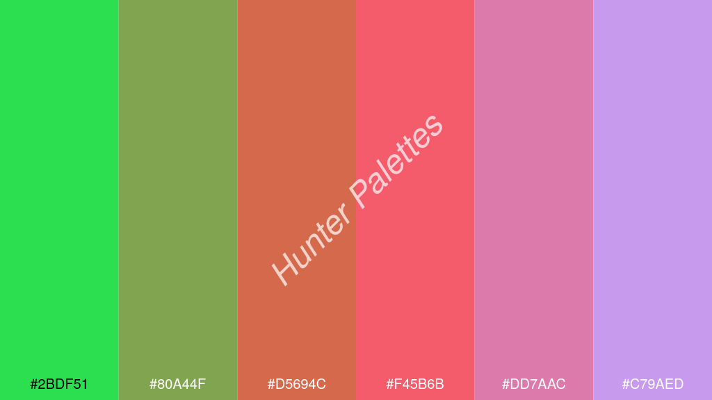 világos piros szín palettája a következőkkel: #2bdf51 #80a44f #d5694c #f45b6b #dd7aac #c79aed