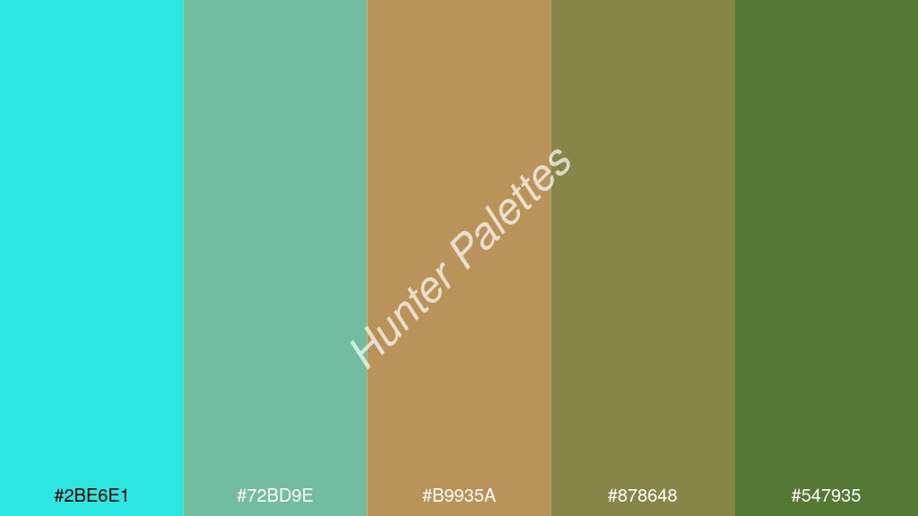 okker szín palettája a következőkkel: #2be6e1 #72bd9e #b9935a #878648 #547935