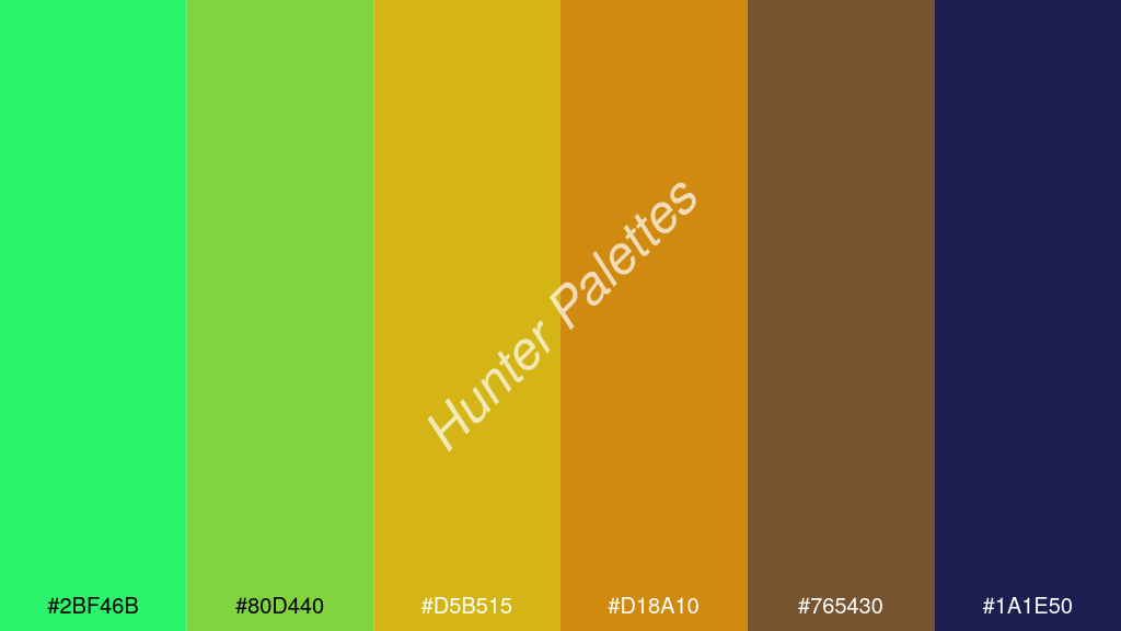 narancssárga szín palettája a következőkkel: #2bf46b #80d440 #d5b515 #d18a10 #765430 #1a1e50