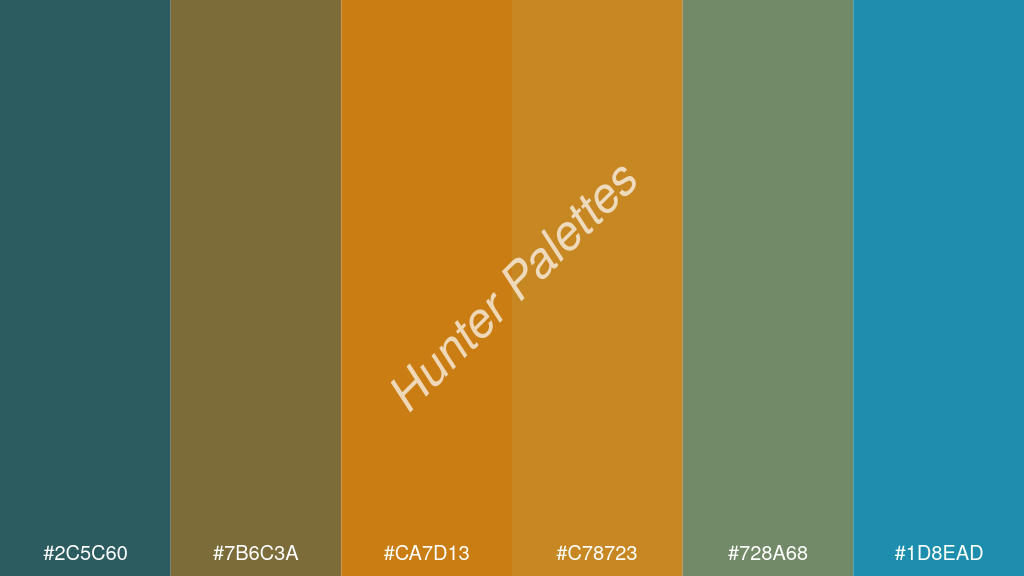 mandarin szín palettája a következőkkel: #2c5c60 #7b6c3a #ca7d13 #c78723 #728a68 #1d8ead