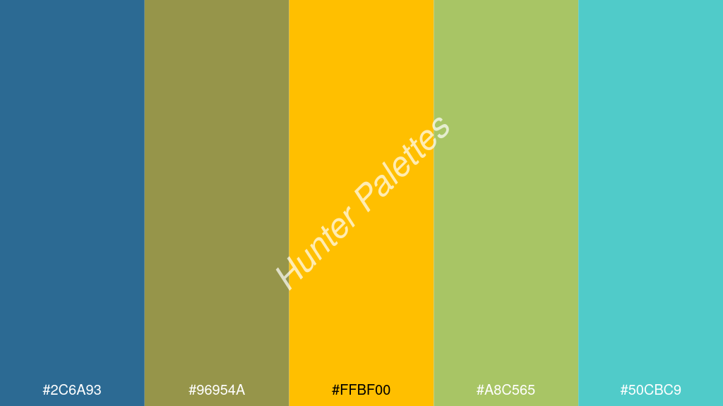 borostyán szín palettája a következőkkel: #2c6a93 #96954a #ffbf00 #a8c565 #50cbc9