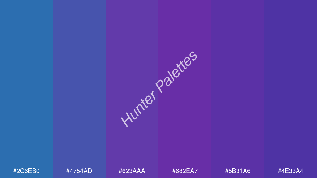 szőlő szín palettája a következőkkel: #2c6eb0 #4754ad #623aaa #682ea7 #5b31a6 #4e33a4