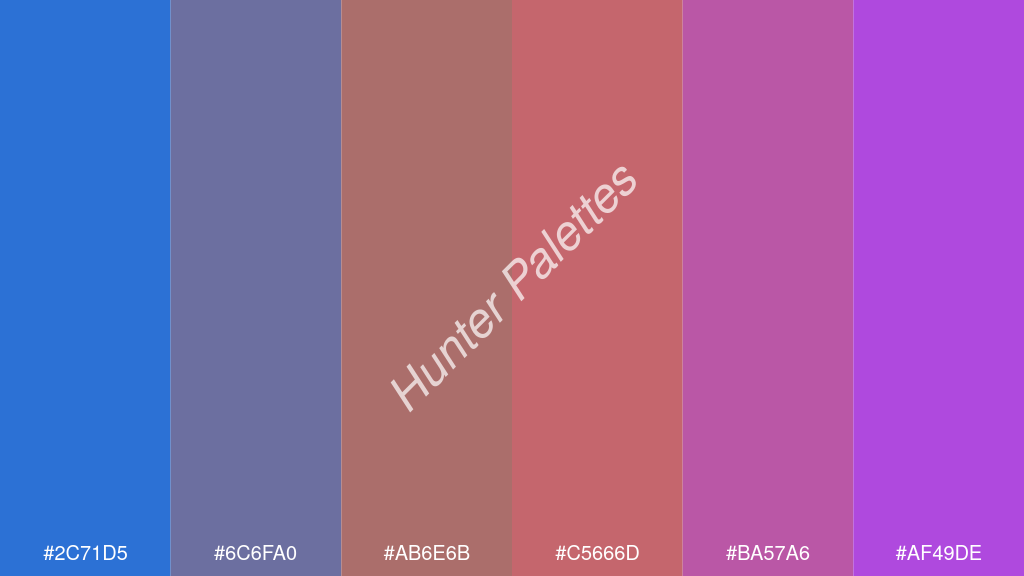 réz szín palettája a következőkkel: #2c71d5 #6c6fa0 #ab6e6b #c5666d #ba57a6 #af49de