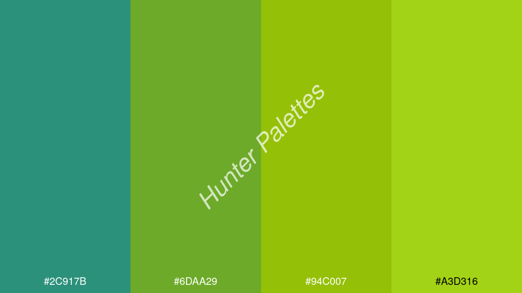 alma zöld szín palettája a következőkkel: #2c917b #6daa29 #94c007 #a3d316