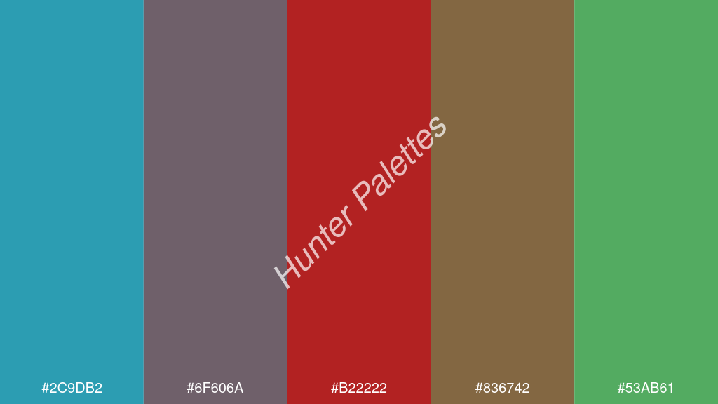 tégla szín palettája a következőkkel: #2c9db2 #6f606a #b22222 #836742 #53ab61