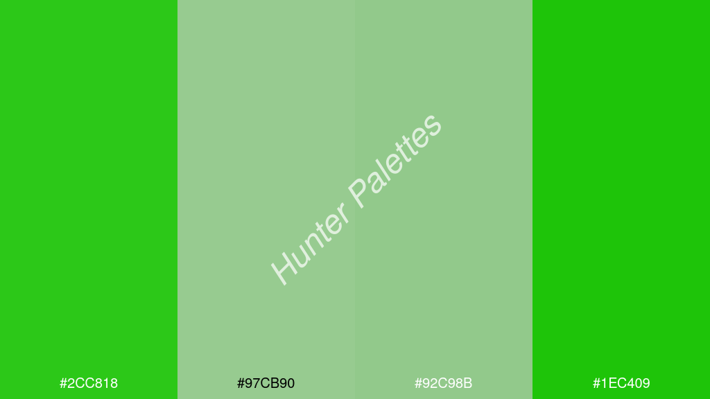 cccccc szín palettája a következőkkel: #2cc818 #97cb90 #92c98b #1ec409