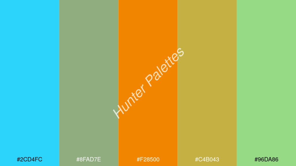 mandarin szín palettája a következőkkel: #2cd4fc #8fad7e #f28500 #c4b043 #96da86