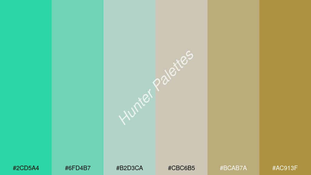 világos szürke szín palettája a következőkkel: #2cd5a4 #6fd4b7 #b2d3ca #cbc6b5 #bcab7a #ac913f