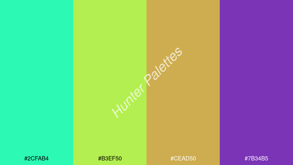kanárisárga szín palettája a következőkkel: #2cfab4 #b3ef50 #cead50 #7b34b5