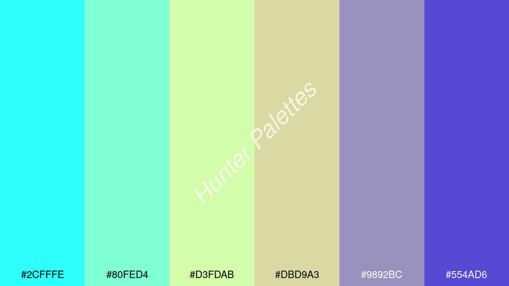pasztell sárga szín palettája a következőkkel: #2cfffe #80fed4 #d3fdab #dbd9a3 #9892bc #554ad6