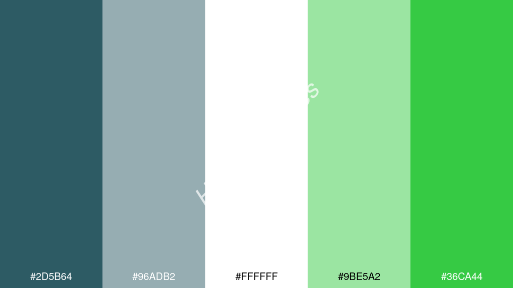 fehér szín palettája a következőkkel: #2d5b64 #96adb2 #ffffff #9be5a2 #36ca44