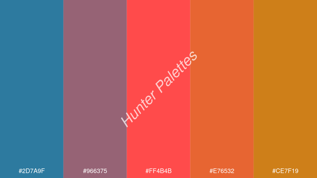 világos piros szín palettája a következőkkel: #2d7a9f #966375 #ff4b4b #e76532 #ce7f19