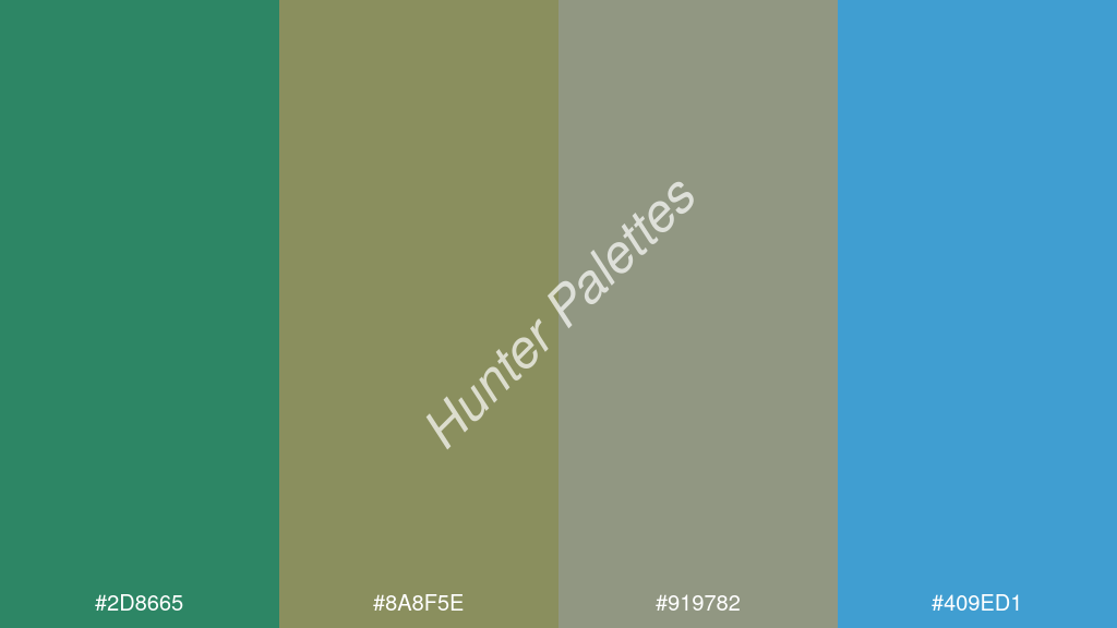 okker szín palettája a következőkkel: #2d8665 #8a8f5e #919782 #409ed1