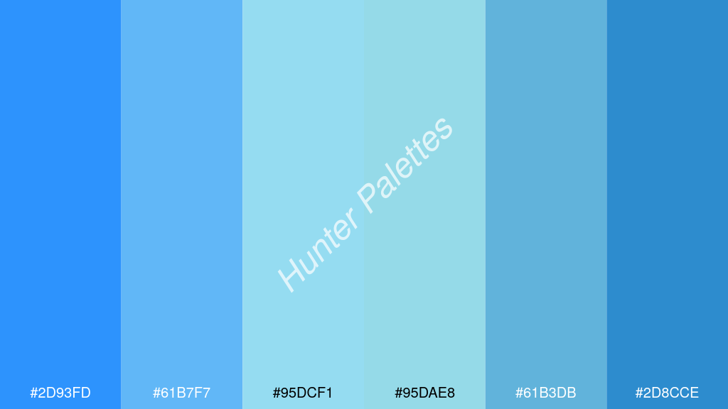 halvány türkiz szín palettája a következőkkel: #2d93fd #61b7f7 #95dcf1 #95dae8 #61b3db #2d8cce