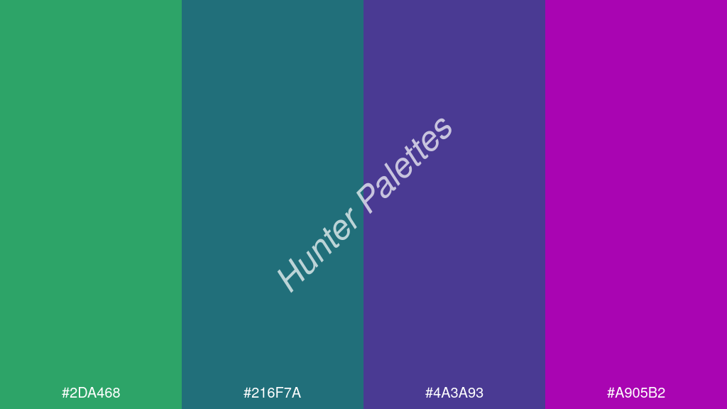 Capri kék szín palettája a következőkkel: #2da468 #216f7a #4a3a93 #a905b2