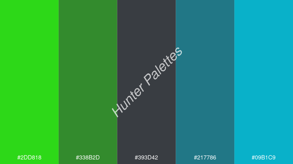 oxford szürke szín palettája a következőkkel: #2dd818 #338b2d #393d42 #217786 #09b1c9
