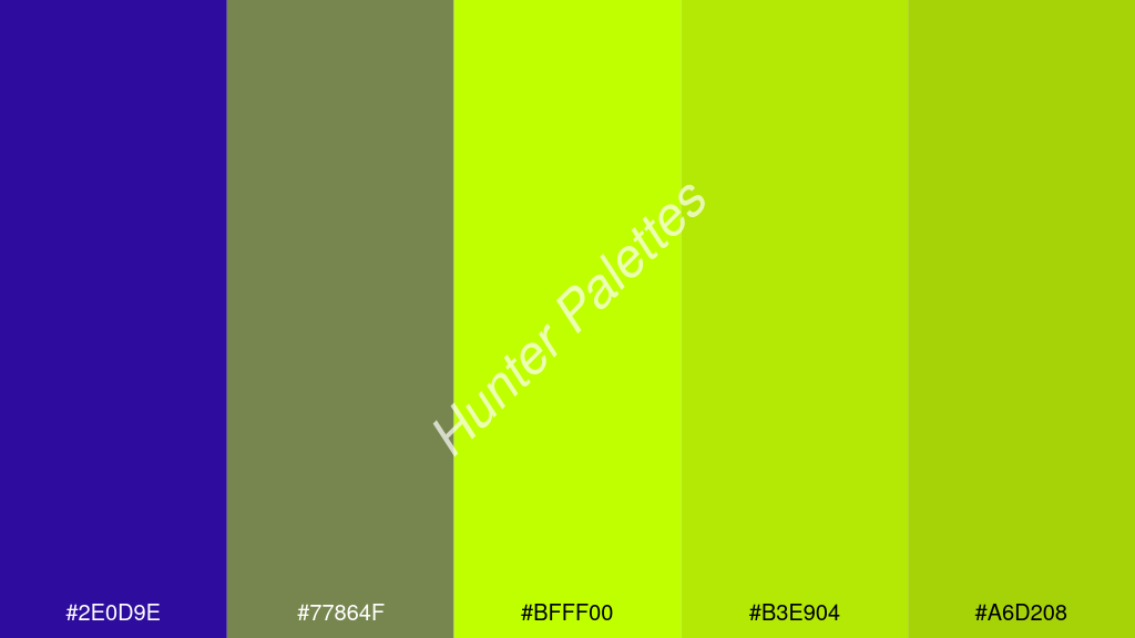 limezöld szín palettája a következőkkel: #2e0d9e #77864f #bfff00 #b3e904 #a6d208