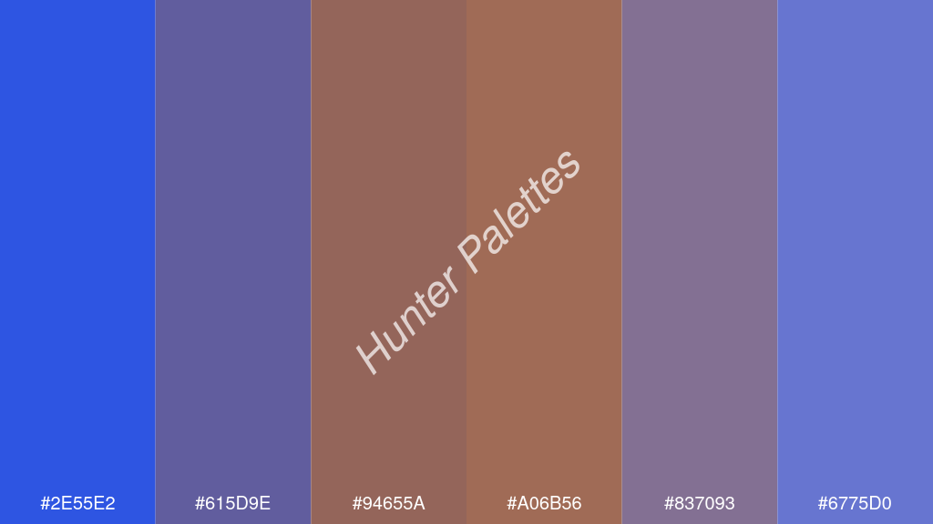 karamell szín palettája a következőkkel: #2e55e2 #615d9e #94655a #a06b56 #837093 #6775d0