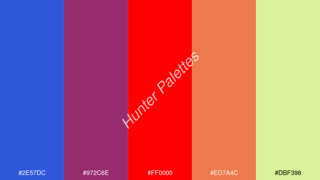 vörös szín palettája a következőkkel: #2e57dc #972c6e #ff0000 #ed7a4c #dbf398