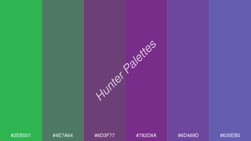 lila szín palettája a következőkkel: #2eb551 #4e7a64 #6d3f77 #782d8a #6d469d #635eb0