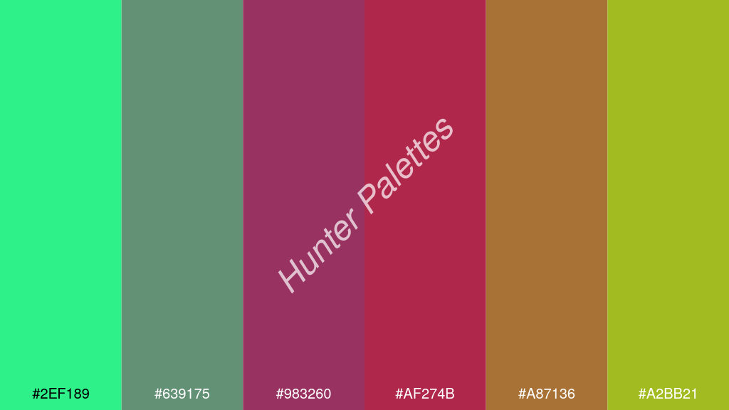 élénk rózsaszín szín palettája a következőkkel: #2ef189 #639175 #983260 #af274b #a87136 #a2bb21