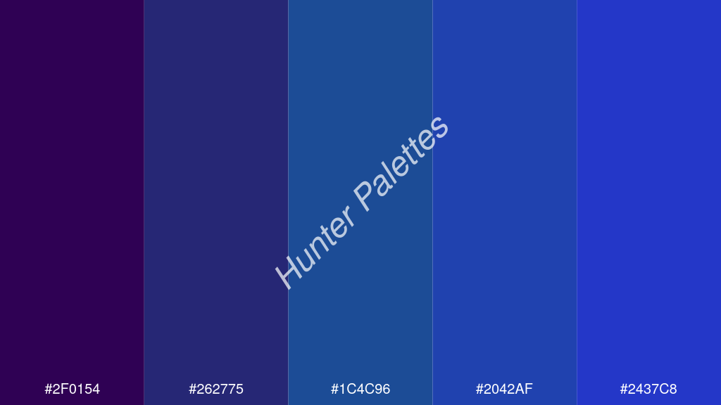 indigókék szín palettája a következőkkel: #2f0154 #262775 #1c4c96 #2042af #2437c8