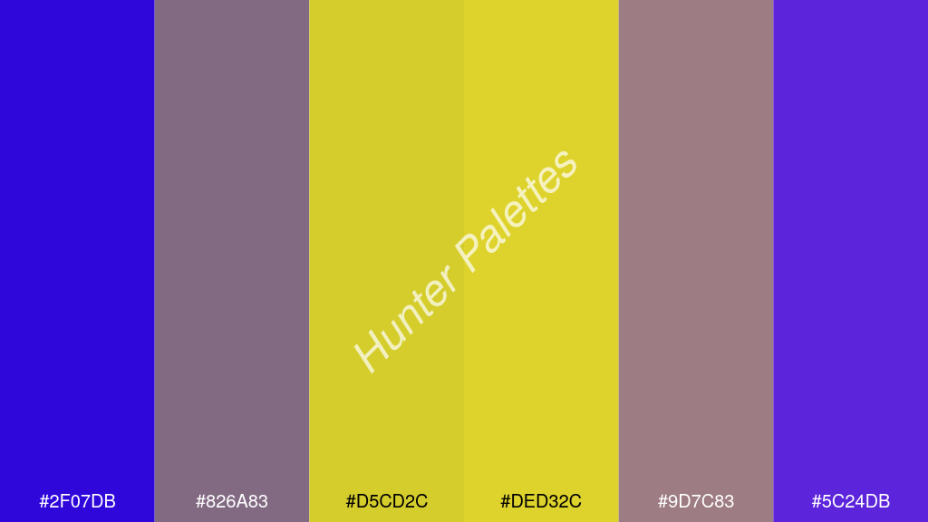 sárga szín palettája a következőkkel: #2f07db #826a83 #d5cd2c #ded32c #9d7c83 #5c24db