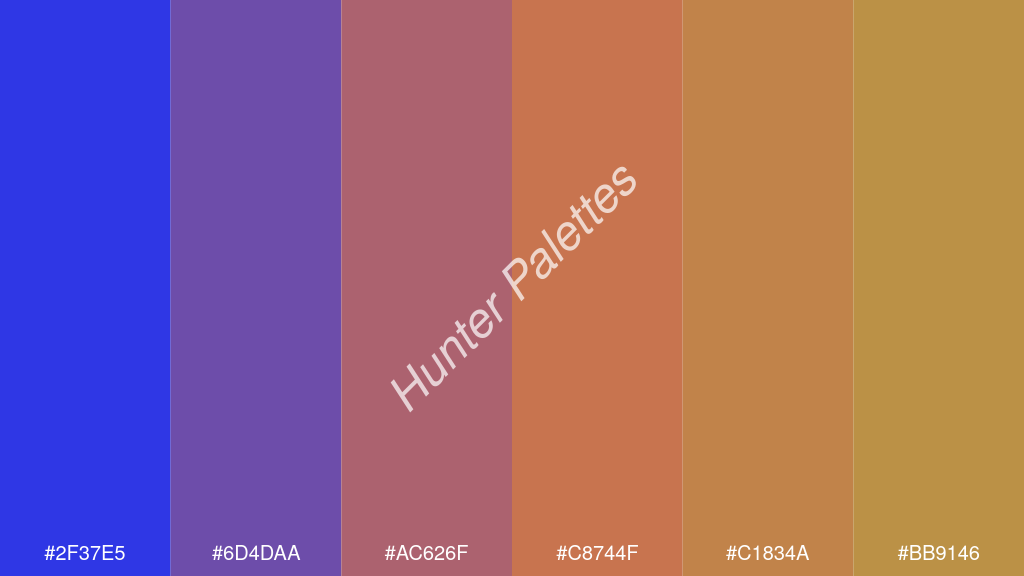 réz szín palettája a következőkkel: #2f37e5 #6d4daa #ac626f #c8744f #c1834a #bb9146