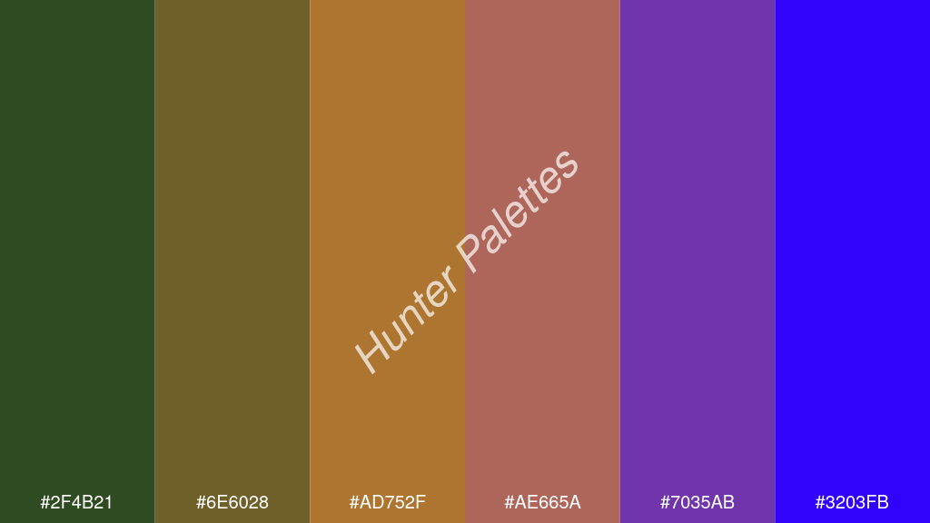 bronz szín palettája a következőkkel: #2f4b21 #6e6028 #ad752f #ae665a #7035ab #3203fb