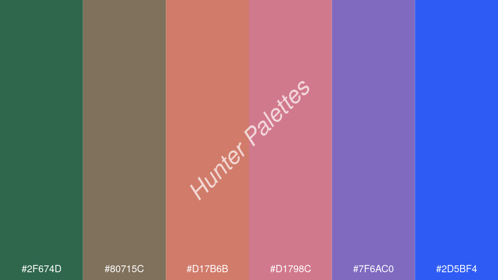 lazac szín palettája a következőkkel: #2f674d #80715c #d17b6b #d1798c #7f6ac0 #2d5bf4