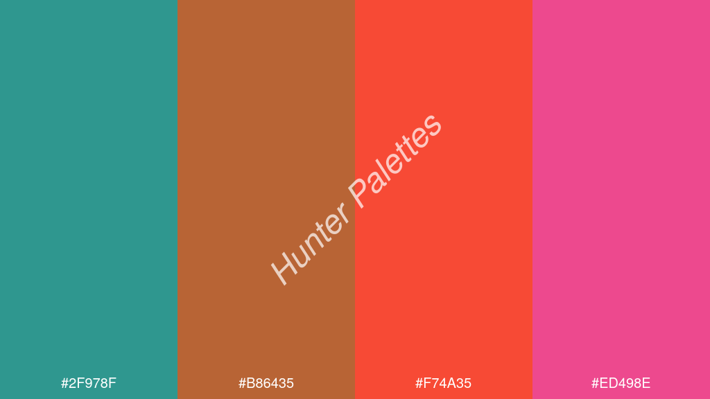 fluoreszkáló narancs szín palettája a következőkkel: #2f978f #b86435 #f74a35 #ed498e